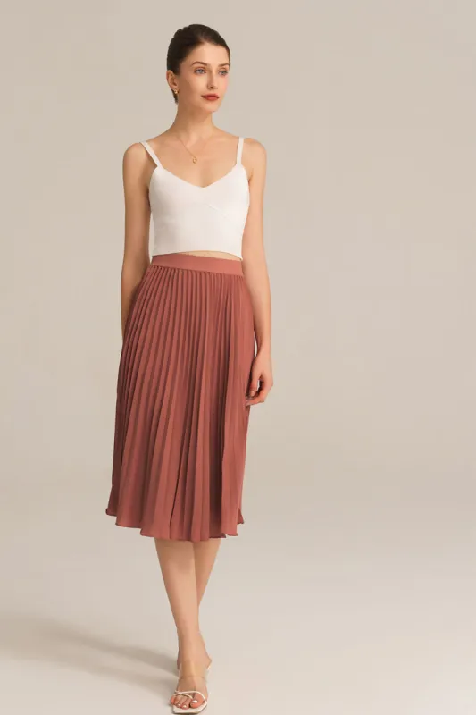 Elastic Waist Solid Color Pleated Skirt - Brown sold by Grace Karin
