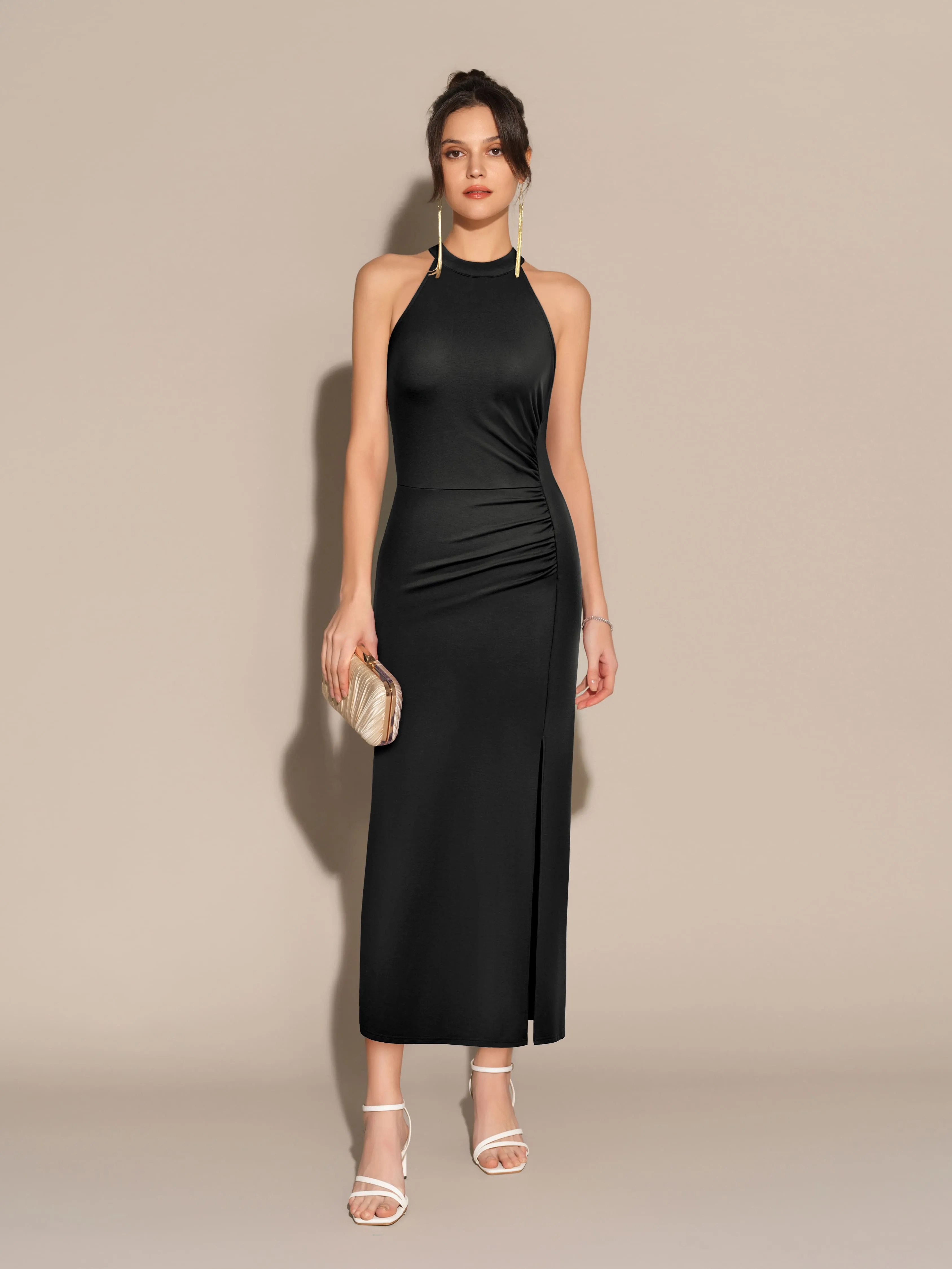 Front Slit Crew Neck Halterneck Ruched Bodycon Party Maxi Dress - Black sold by Grace Karin
