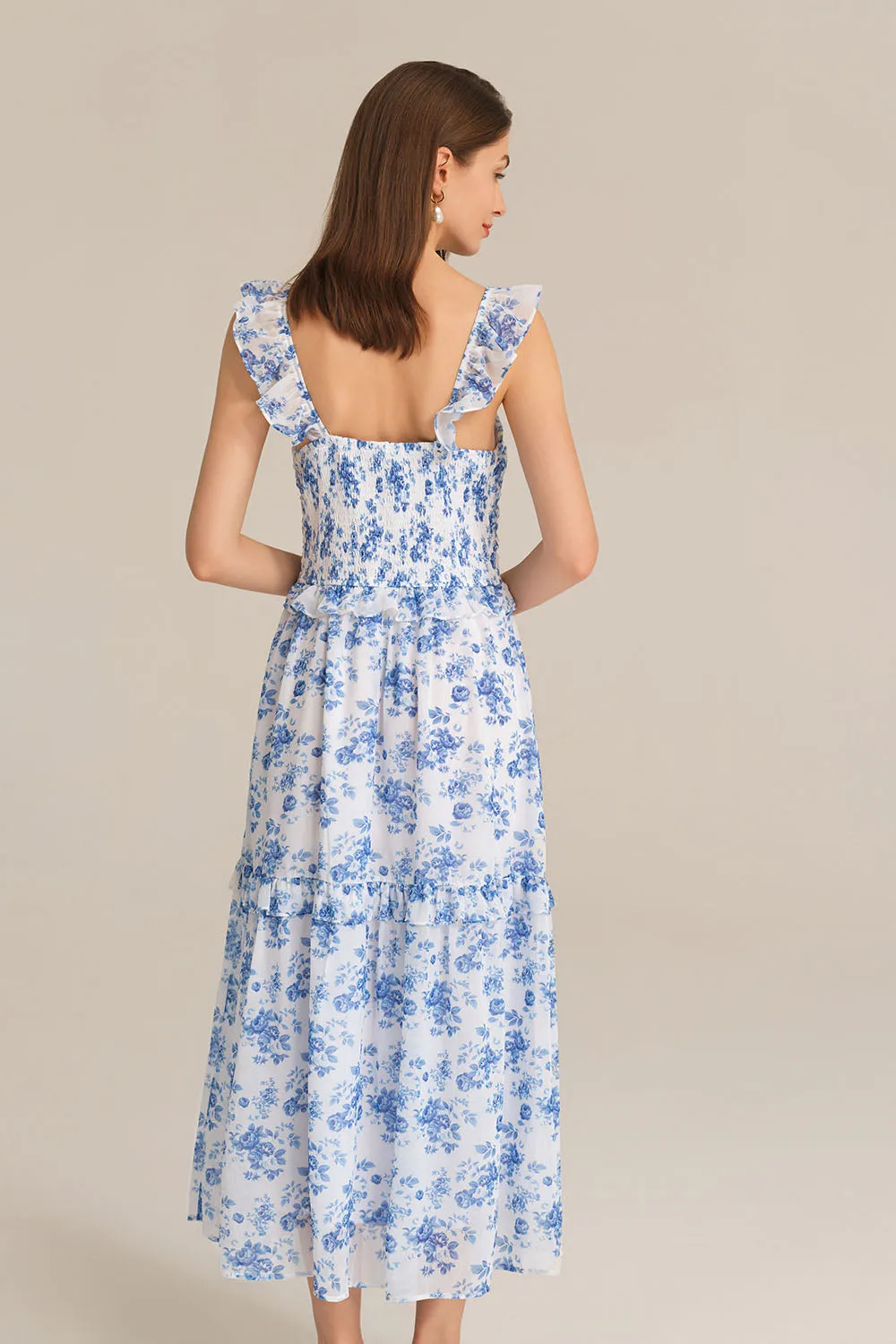 Halterneck Ruffle Decorated Flared Tiered Floral Midi Dress Dress - Blue sold by Grace Karin product image thumbnail 5