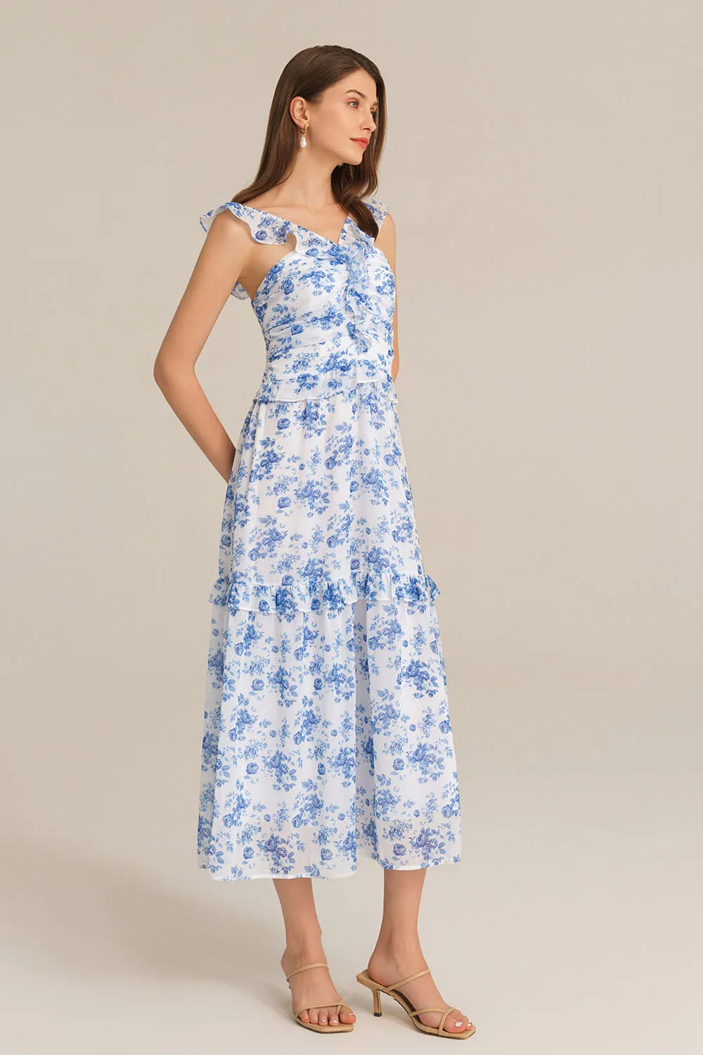Halterneck Ruffle Decorated Flared Tiered Floral Midi Dress Dress - Blue sold by Grace Karin product image thumbnail 3