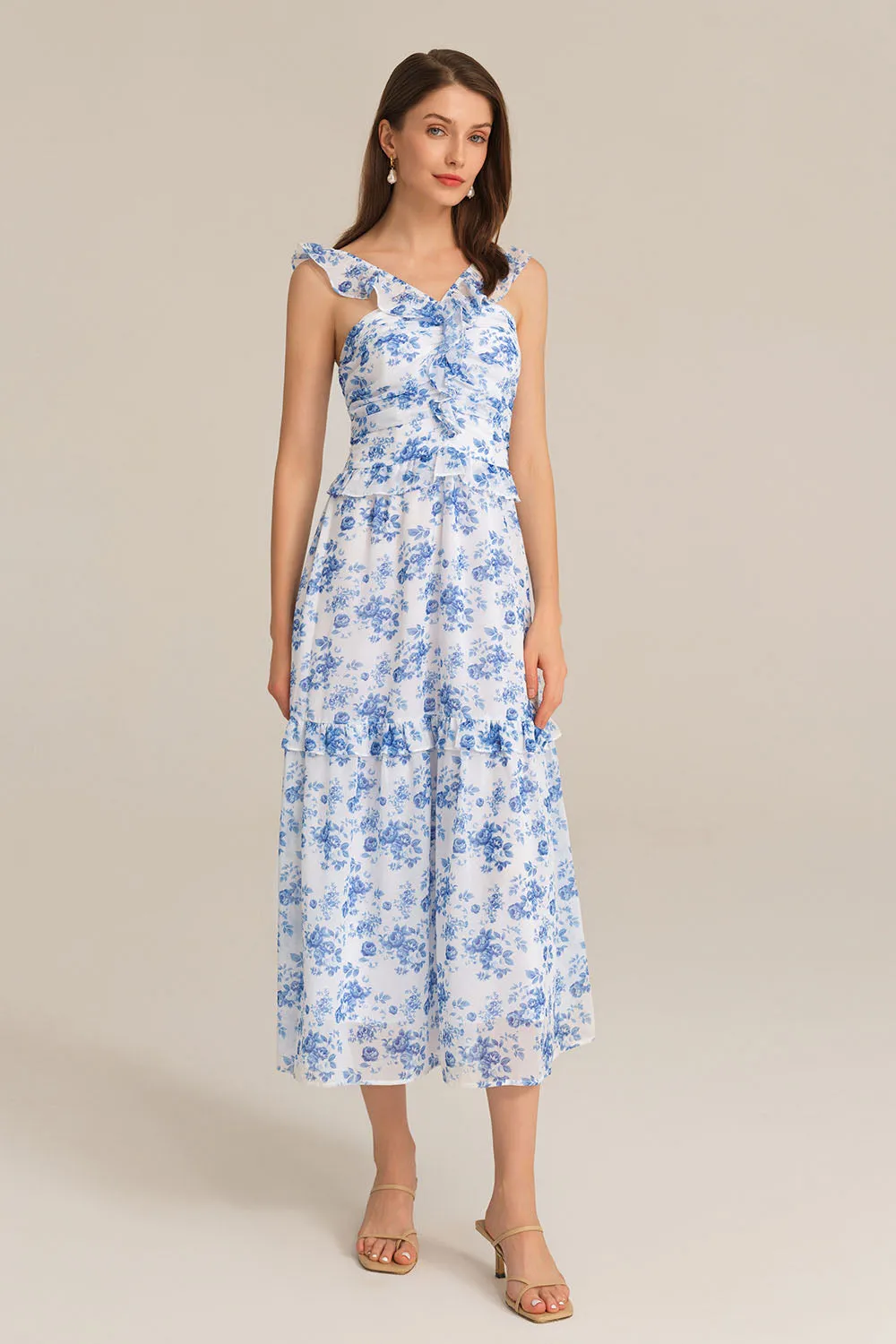 Halterneck Ruffle Decorated Flared Tiered Floral Midi Dress Dress - Blue sold by Grace Karin