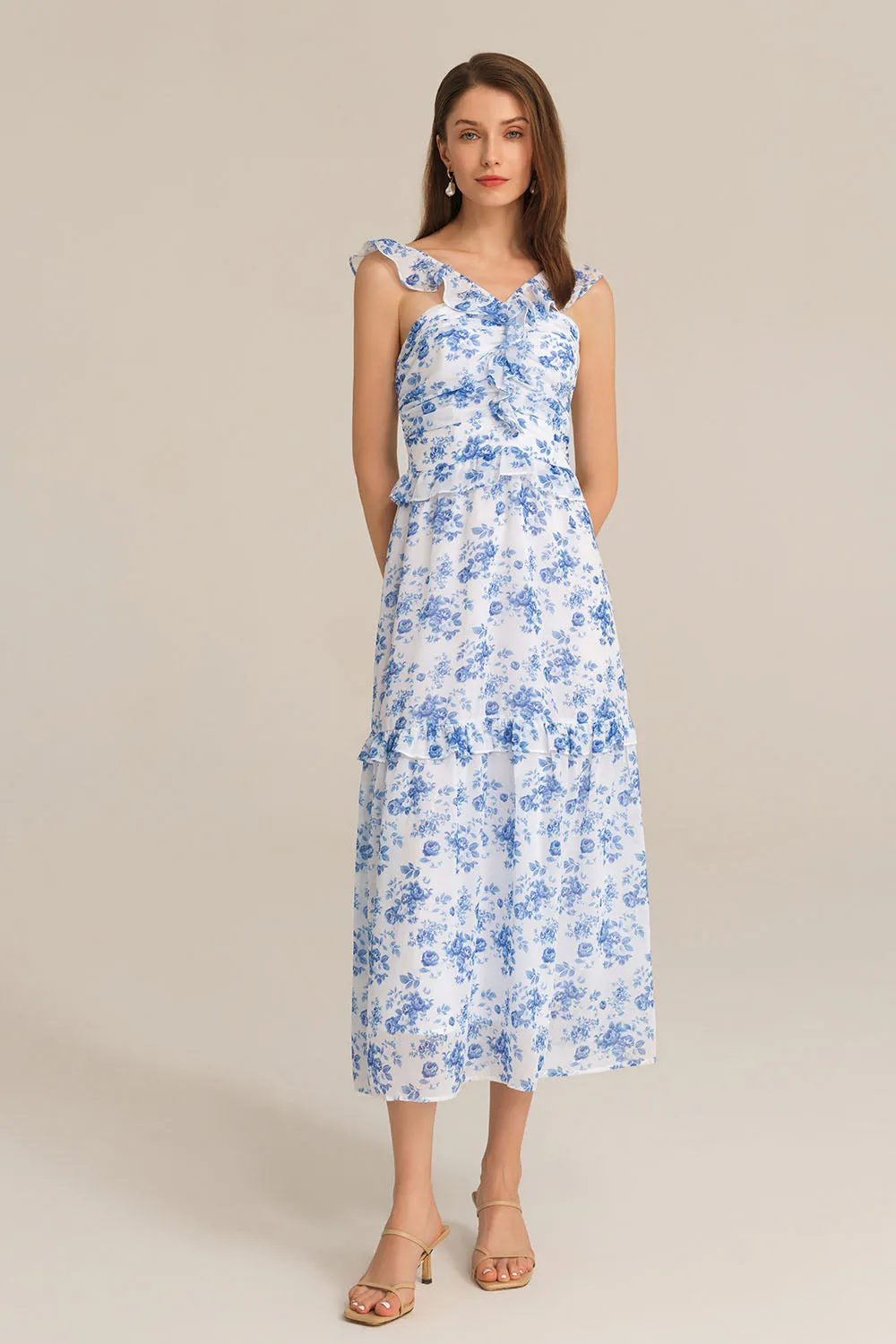 Halterneck Ruffle Decorated Flared Tiered Floral Midi Dress Dress - Blue sold by Grace Karin product image thumbnail 4