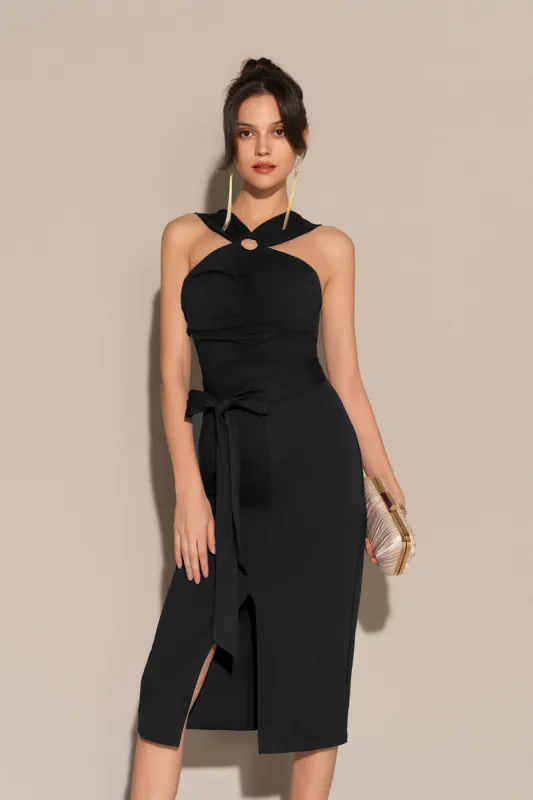 Front Slit Ruched Bodice Halterneck Bodycon Party Dress - Black sold by Grace Karin