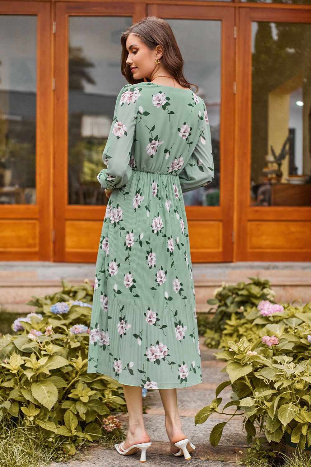 GK Women Elastic Waist Midi Dress Long Sleeve V-Neck Pleated A-Line Dress sold by Grace Karin product image thumbnail 3