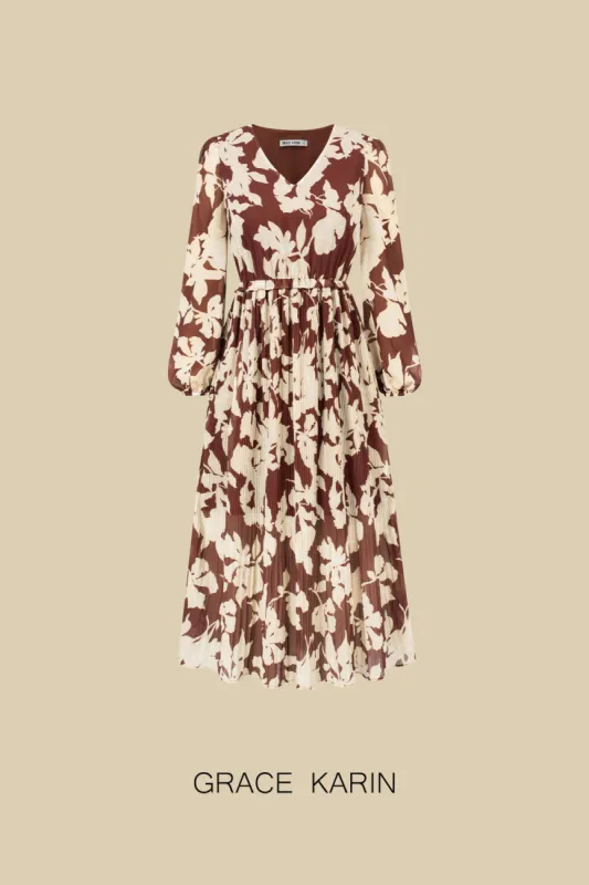 GK Women Elastic Waist Midi Dress Long Sleeve V-Neck Pleated A-Line Dress sold by Grace Karin