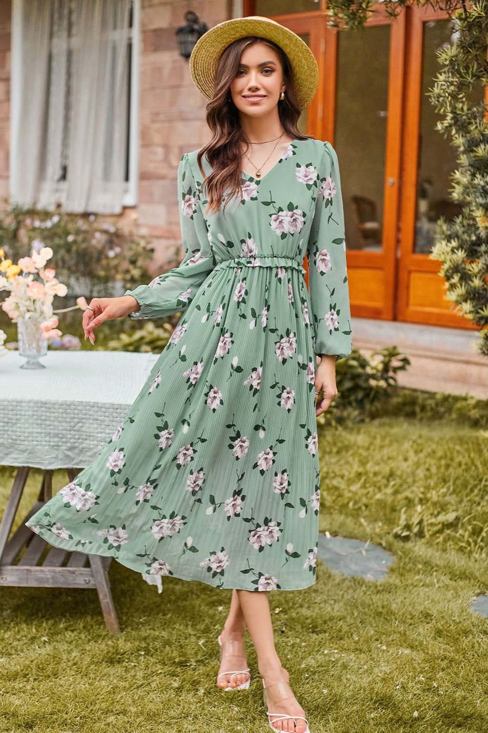 GK Women Elastic Waist Midi Dress Long Sleeve V-Neck Pleated A-Line Dress sold by Grace Karin