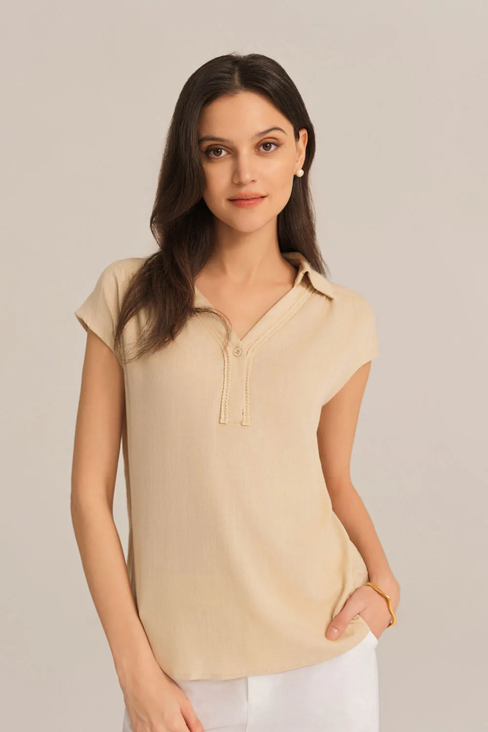 Casual Lapel Collar Loose Fit Pullover Tops - Apricot sold by Grace Karin product image thumbnail 2