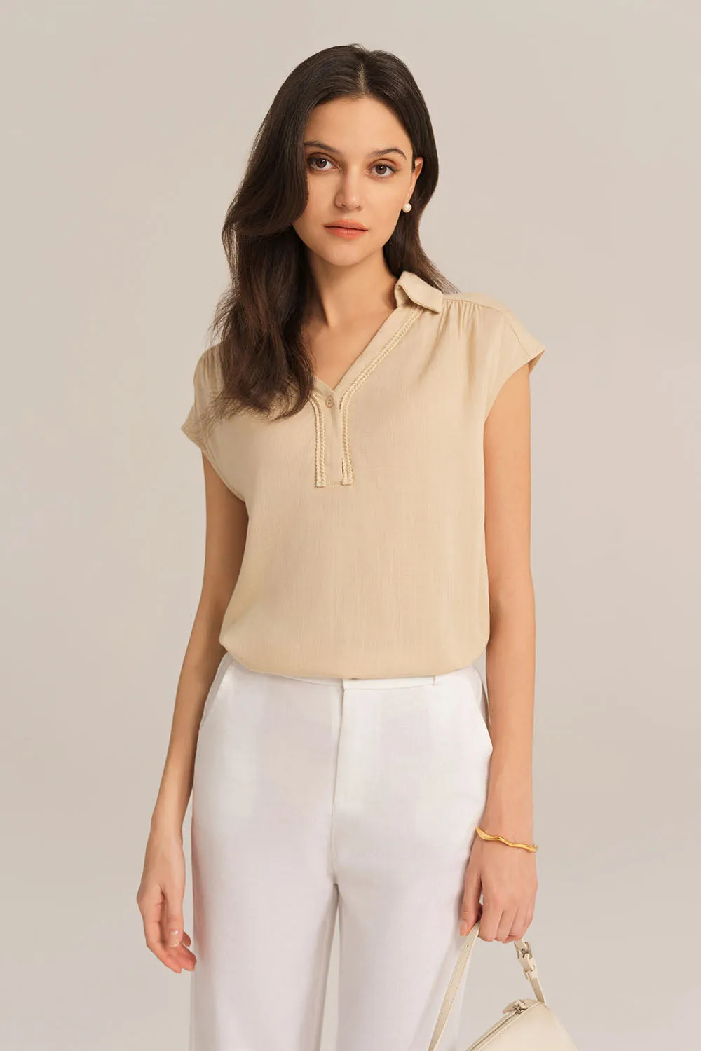Casual Lapel Collar Loose Fit Pullover Tops - Apricot sold by Grace Karin