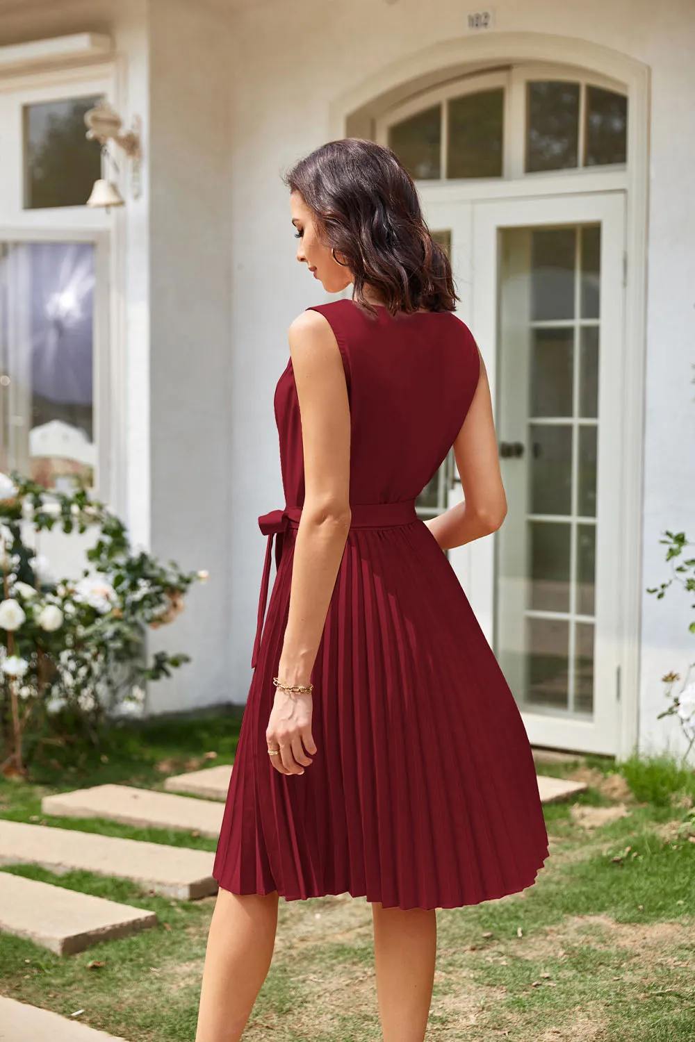 GRACE KARIN Pleated Sleeveless Crew Neck Belt Decorated Dress sold by Grace Karin product image thumbnail 3