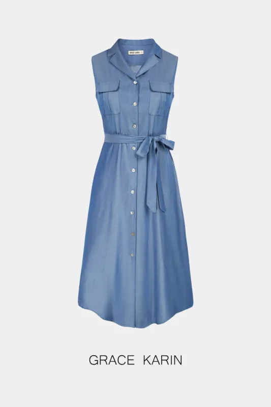 GRACE KARIN Lapel Collar Dress with Belt Sleeveless Dress sold by Grace Karin