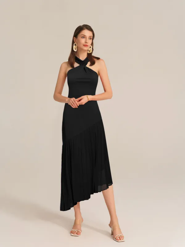 Irregular Hem Contrast Halterneck A-Line Dress - Black sold by Grace Karin