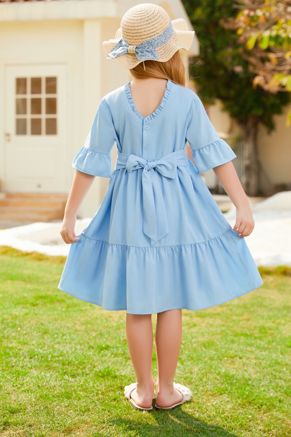 GRACE KARIN Kids Bell Sleeve Tiered Dress 1/2 Sleeve Crew Neck V-Back Flared A-Line Dress sold by Grace Karin product image thumbnail 4