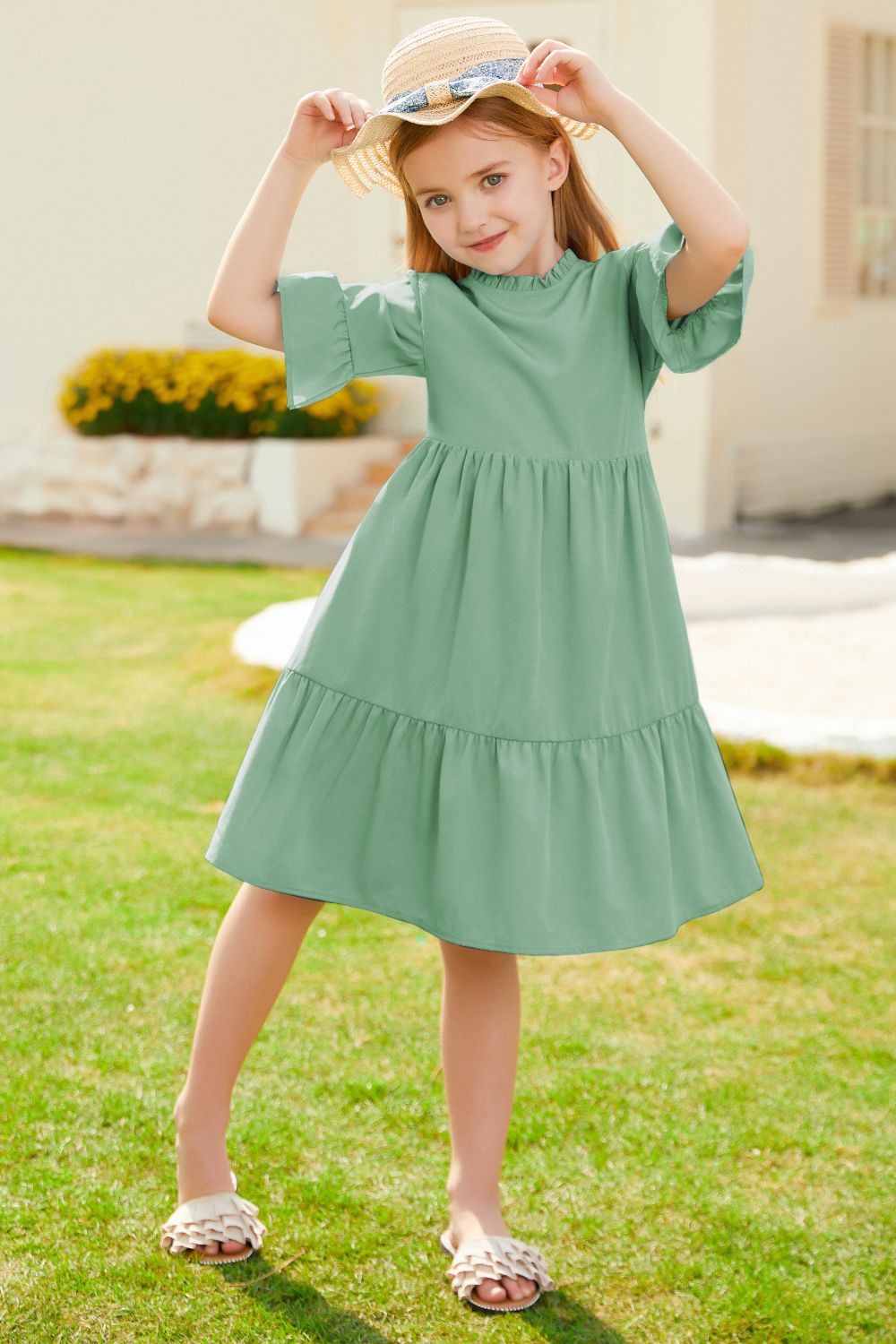 GRACE KARIN Kids Bell Sleeve Tiered Dress 1/2 Sleeve Crew Neck V-Back Flared A-Line Dress sold by Grace Karin product image thumbnail 5