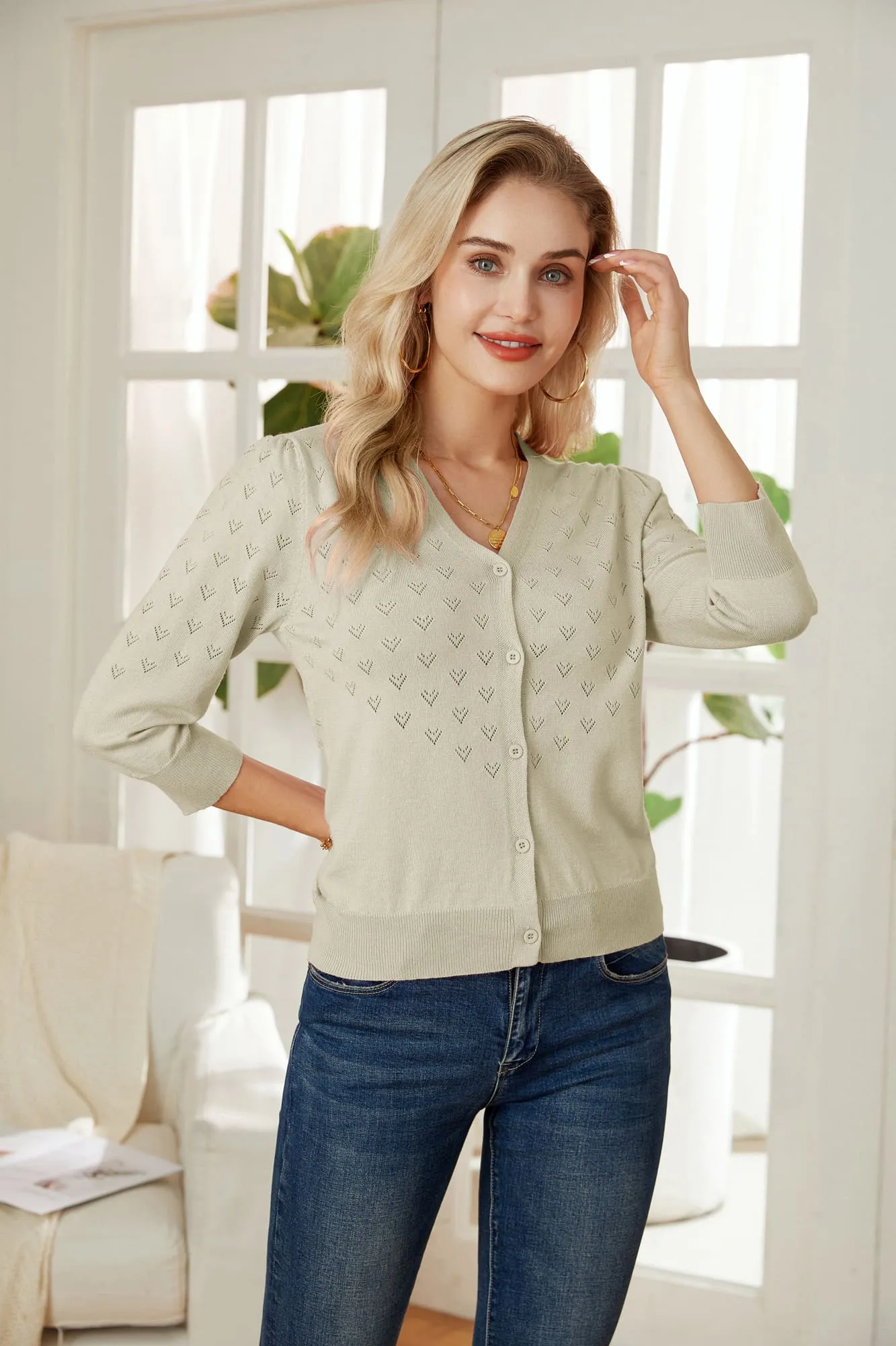 GRACE KARIN Hollowed-out Textured 3/4 Sleeve V-Neck Cardigan Sweater sold by Grace Karin
