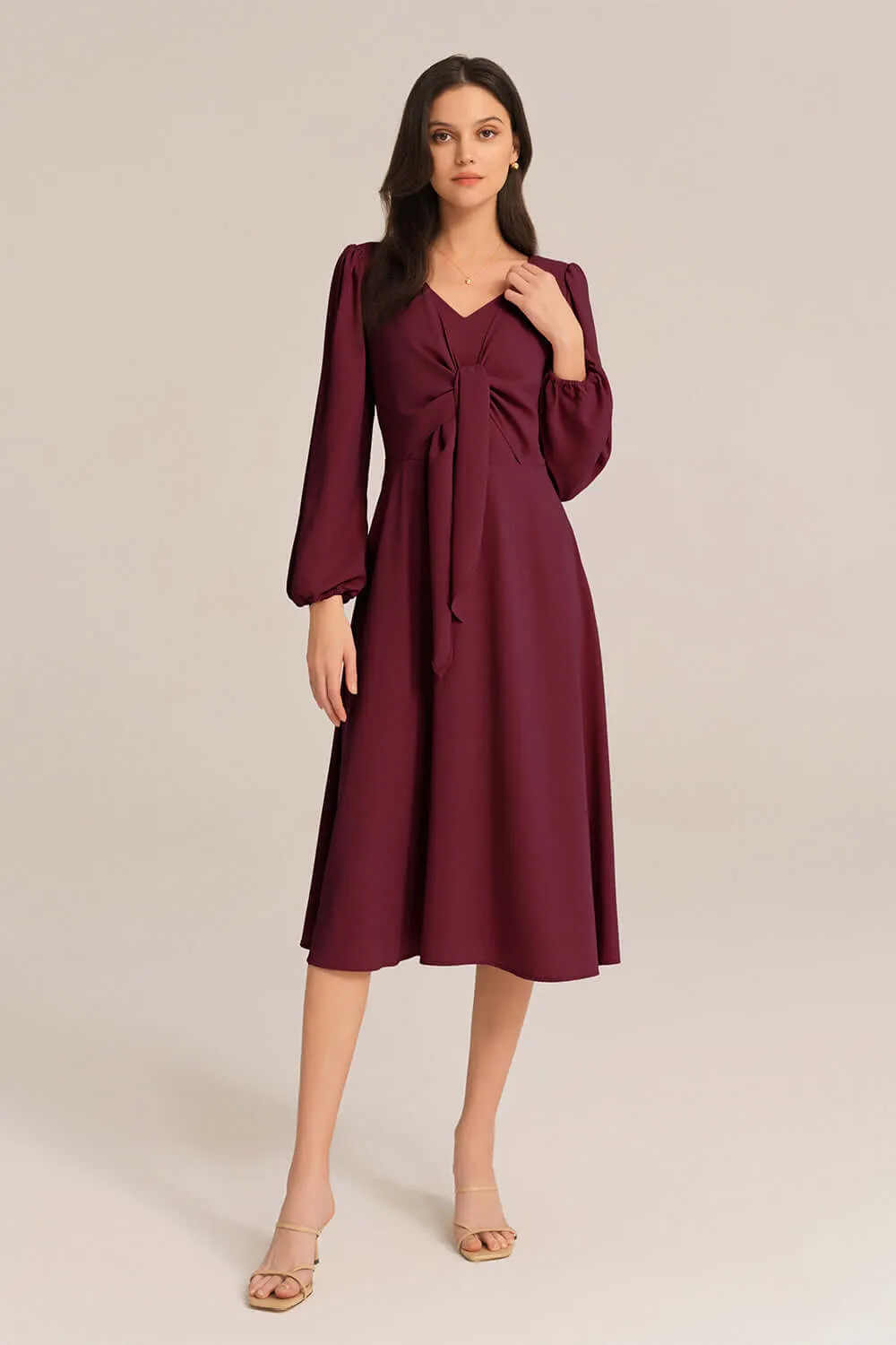 Bow-Knot Long Sleeve Elastic Waist Midi Dress sold by Grace Karin