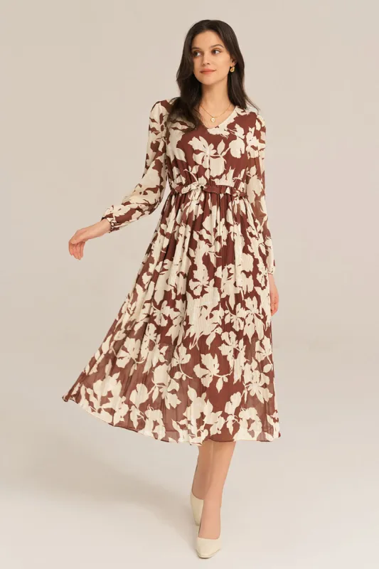 Elastic Waist Long Sleeve V-Neck Pleated Floral Midi Dress - Brown sold by Grace Karin