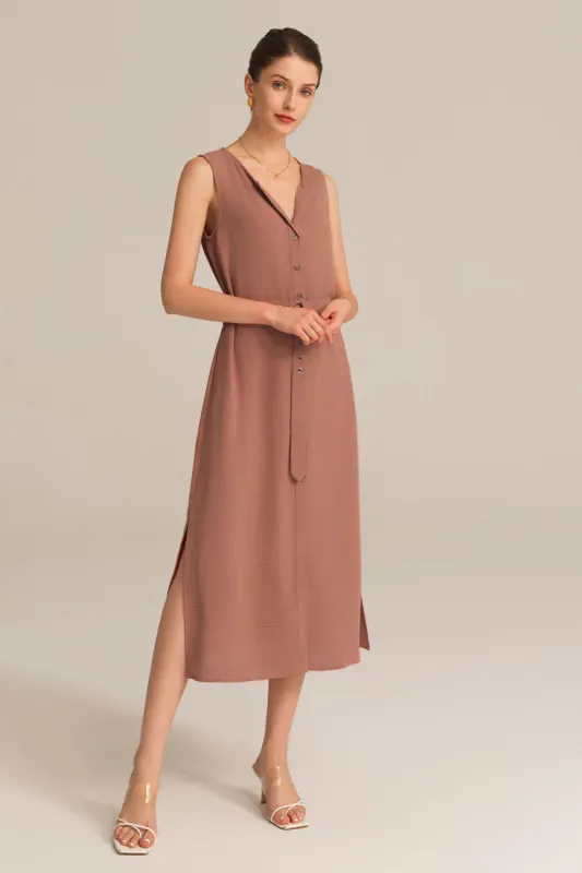 Side Slit OL Sleeveless Crew Neck Button-up A-Line Dress - Brown made by Grace Karin
