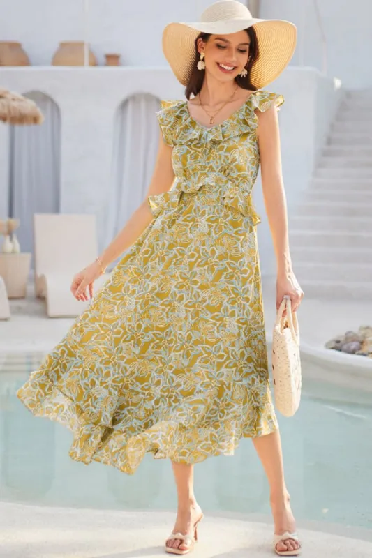 Chiffon V-Neck Sleeveless Ruffle Decorated Floral Maxi Dress - Yellow sold by Grace Karin
