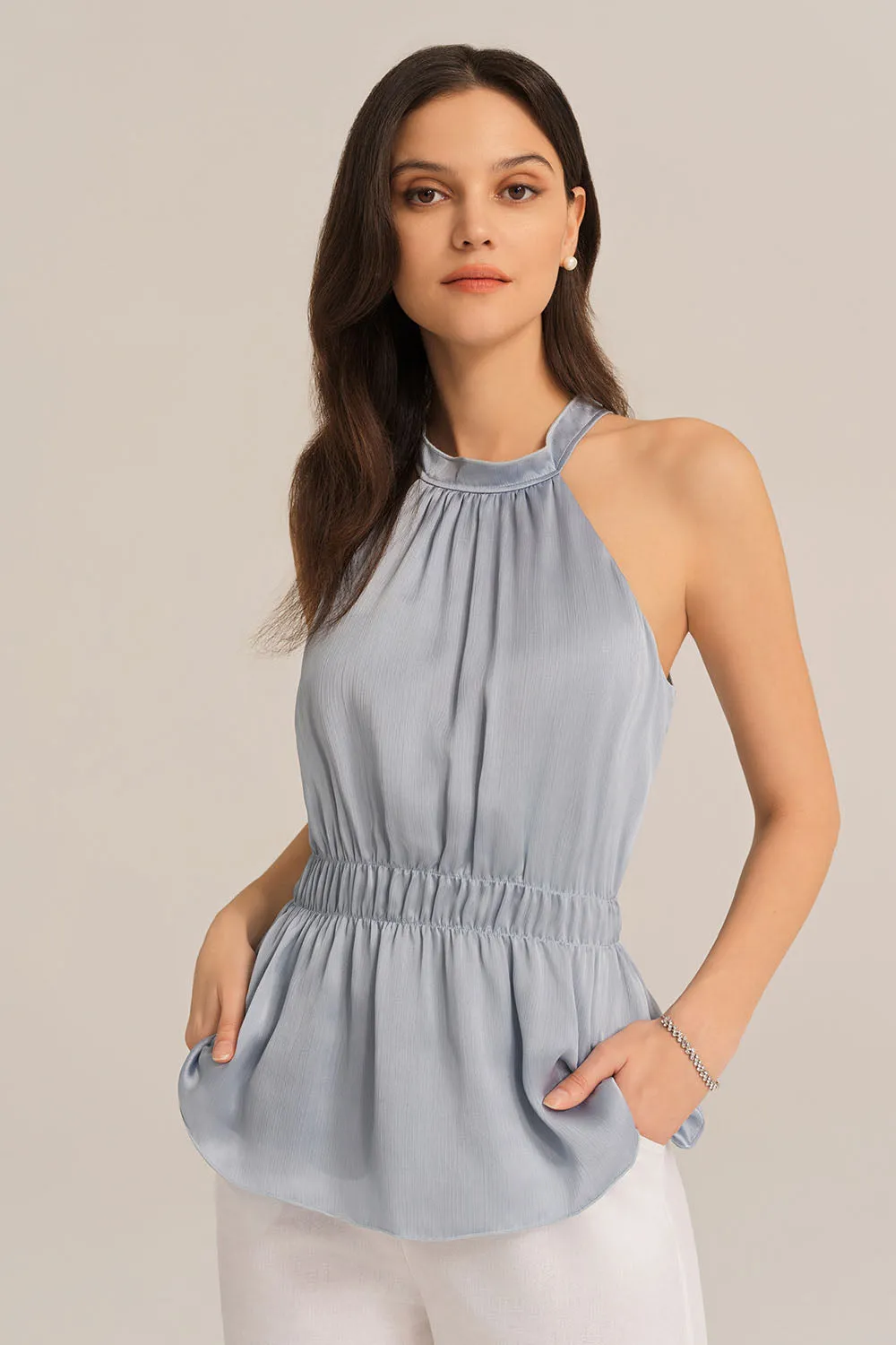 Cut-out Shoulder Keyhole Back Elastic Waist Halterneck Tops - Blue sold by Grace Karin