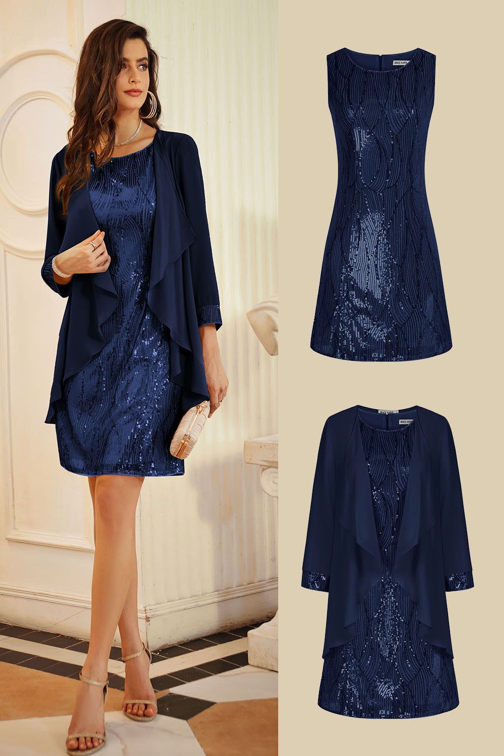 GRACE KARIN 2pcs Set Party Outfits Crew Neck Sequined Dress+Cover-up sold by Grace Karin product image thumbnail 6