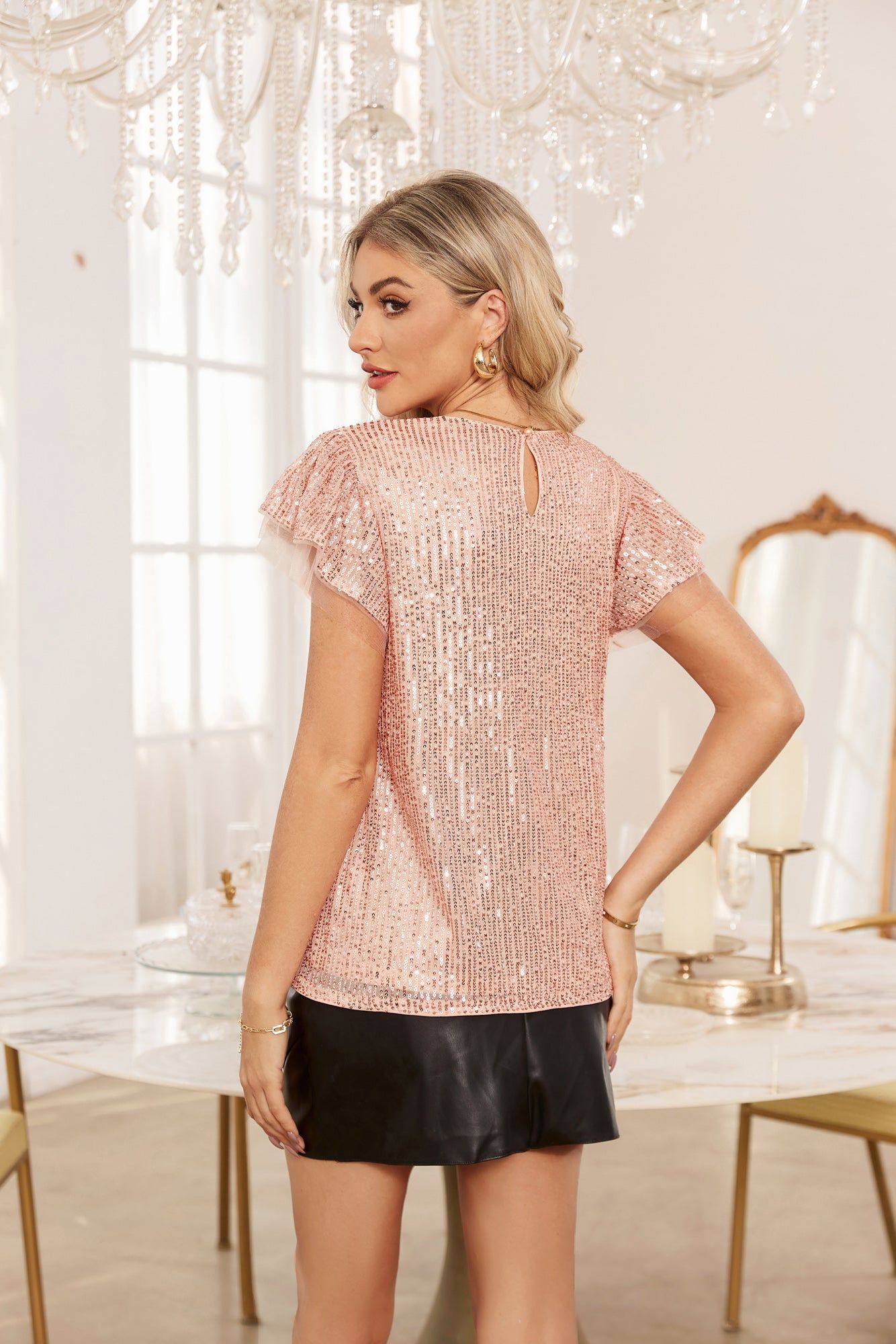 Sequin Short Sleeve Ruffle Loose Tops - Pink sold by Grace Karin product image thumbnail 4