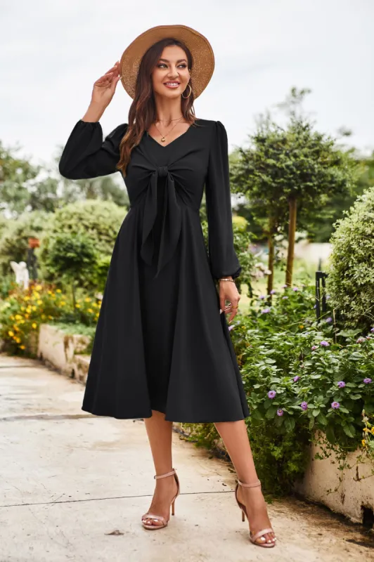 GK Bow-Knot Decorated Long Sleeve Elastic Waist Midi Dress sold by Grace Karin