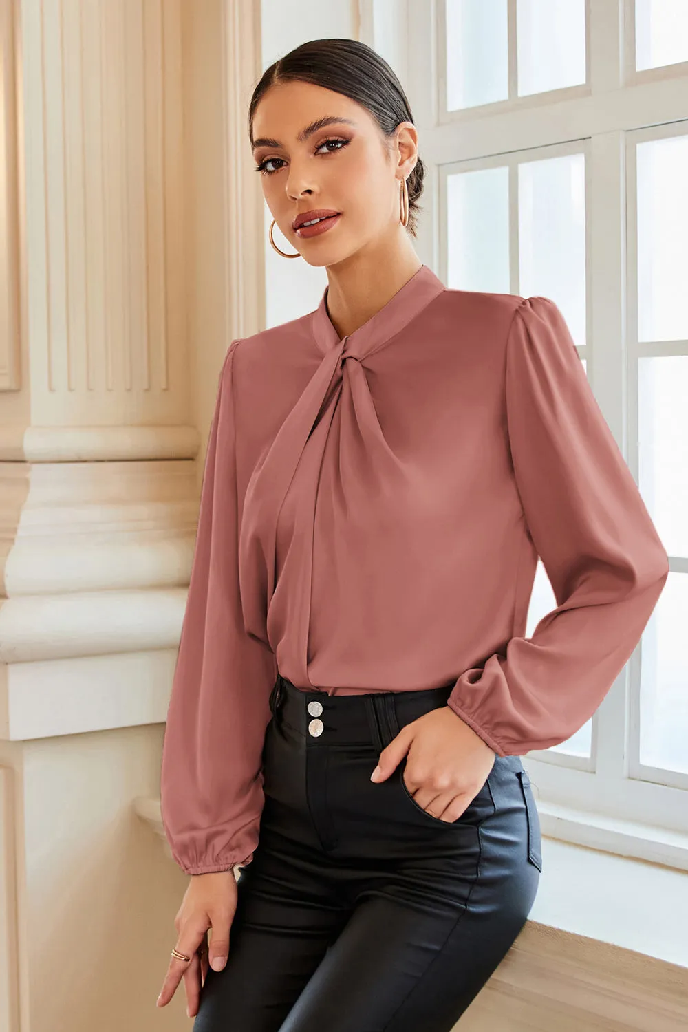GRACE KARIN Knotted Neck Comfy Long Sleeve Keyhole Back Blouse sold by Grace Karin product image thumbnail 5