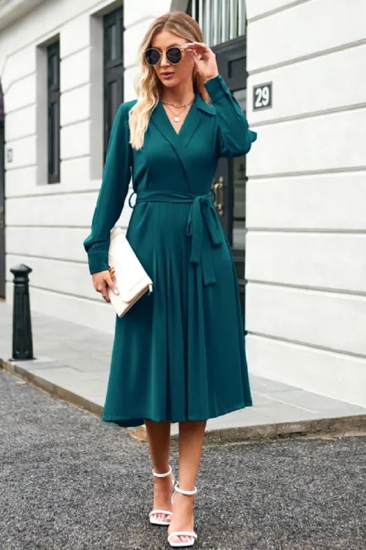 Lapel Collar Pleated Long Sleeve V-Neck Flared A-Line Dress - Cerulean sold by Grace Karin