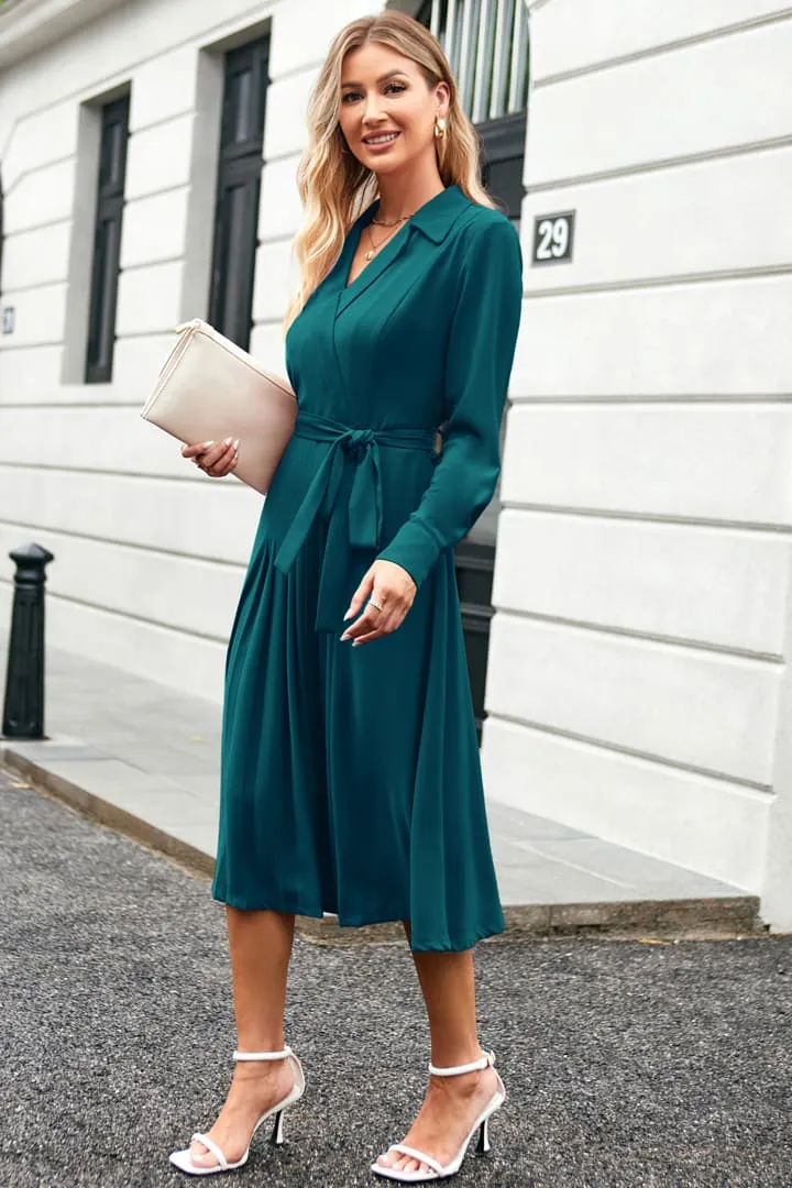 Lapel Collar Pleated Long Sleeve V-Neck Flared A-Line Dress - Cerulean sold by Grace Karin product image thumbnail 2