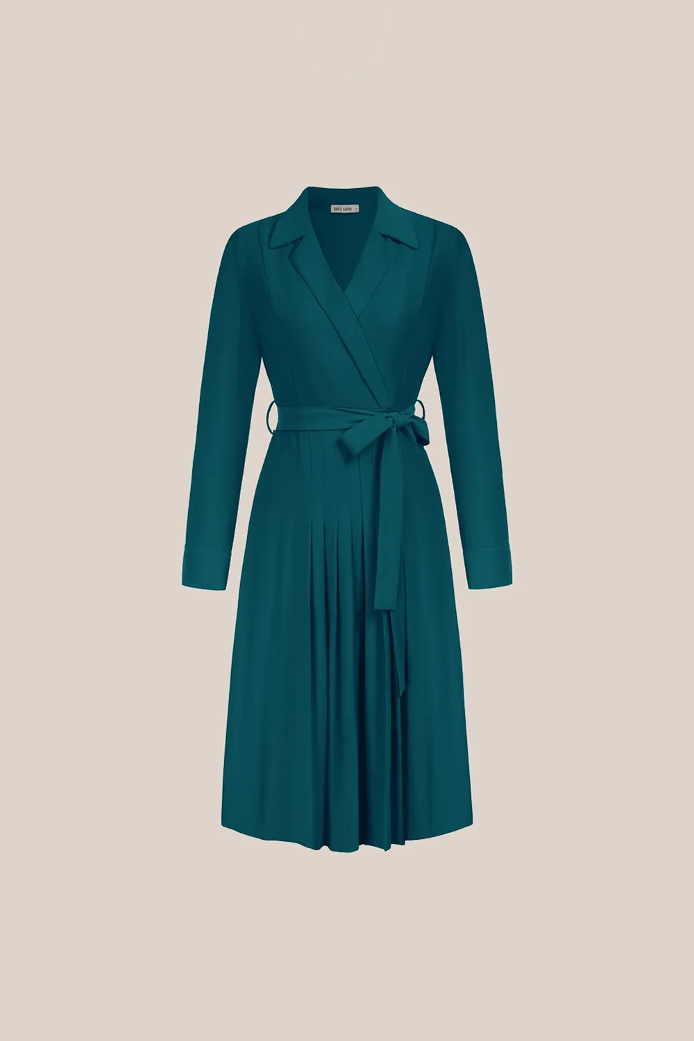 Lapel Collar Pleated Long Sleeve V-Neck Flared A-Line Dress - Cerulean sold by Grace Karin product image thumbnail 4
