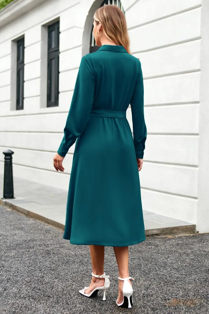 Lapel Collar Pleated Long Sleeve V-Neck Flared A-Line Dress - Cerulean sold by Grace Karin product image thumbnail 3