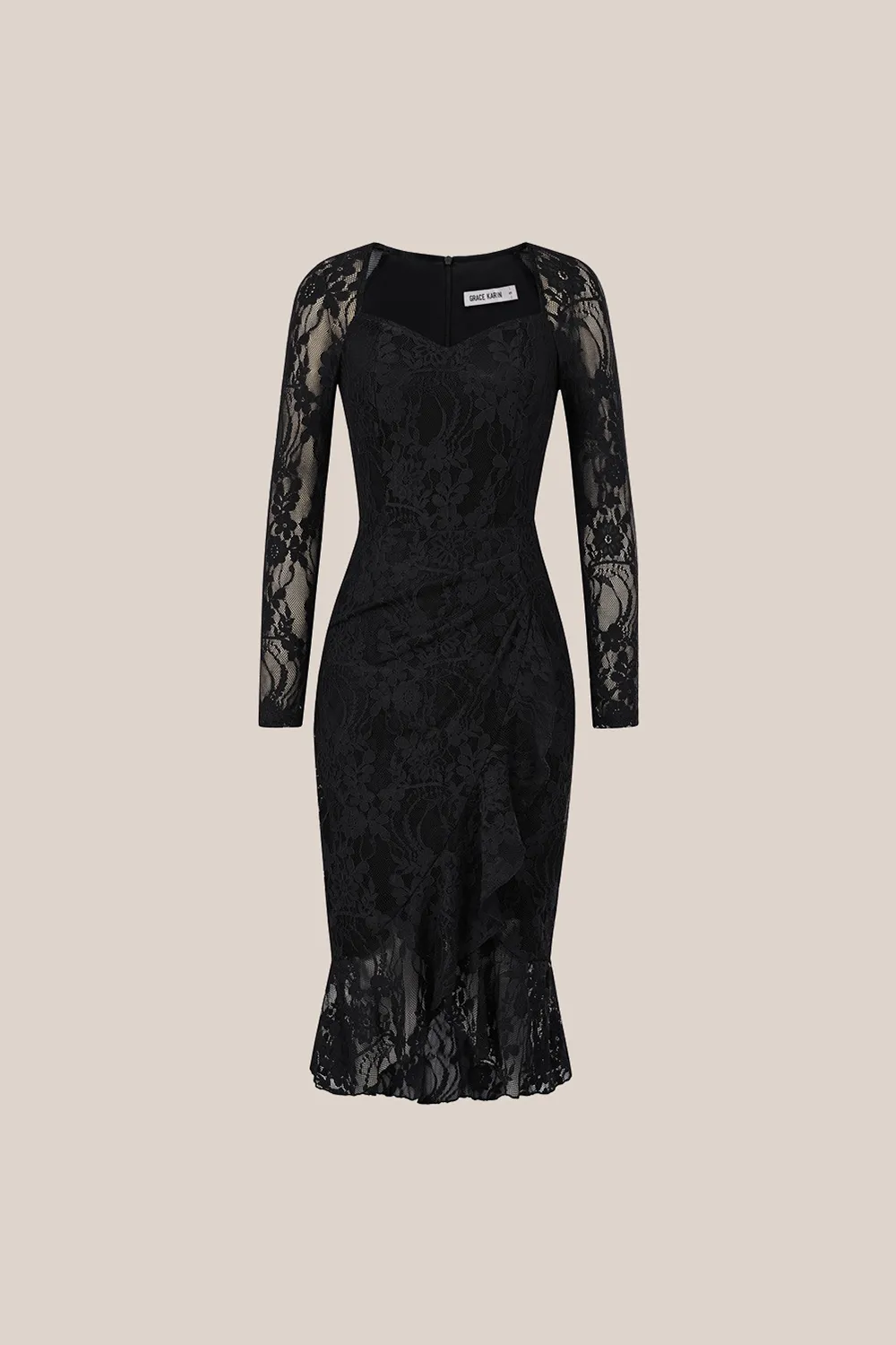 Lace Square V-Neck Ruffled Hem Long Sleeve Bodycon Party Dress sold by Grace Karin product image thumbnail 3