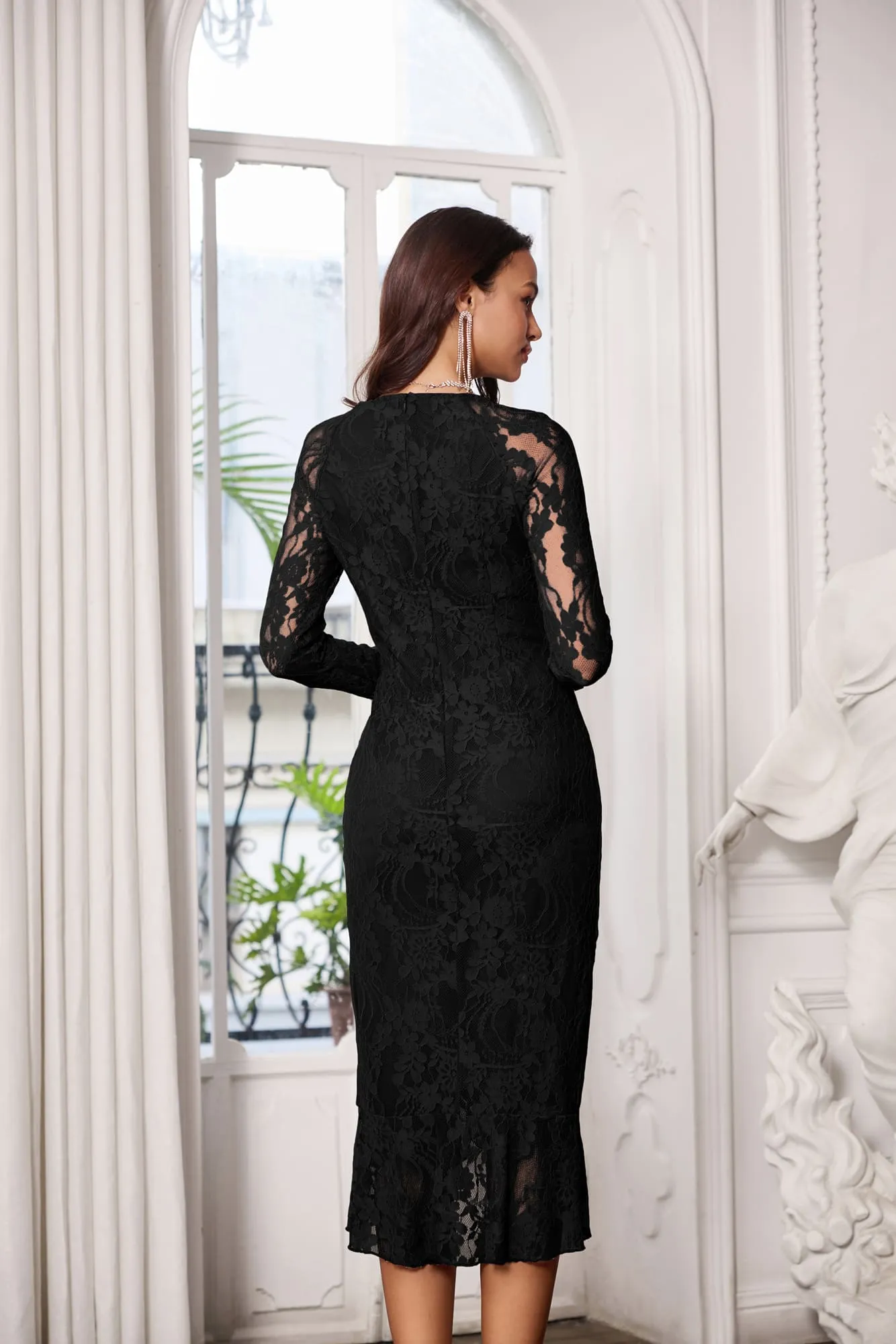 Lace Square V-Neck Ruffled Hem Long Sleeve Bodycon Party Dress sold by Grace Karin product image thumbnail 2