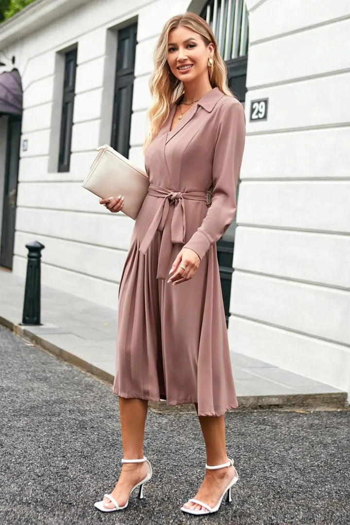 Lapel Collar Pleated Long Sleeve V-Neck Flared A-Line Dress - Pink sold by Grace Karin product image thumbnail 3