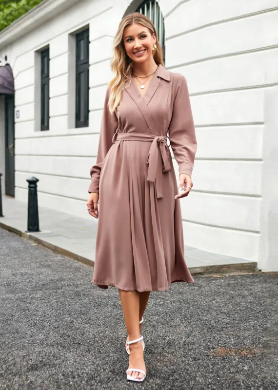 Lapel Collar Pleated Long Sleeve V-Neck Flared A-Line Dress - Pink sold by Grace Karin