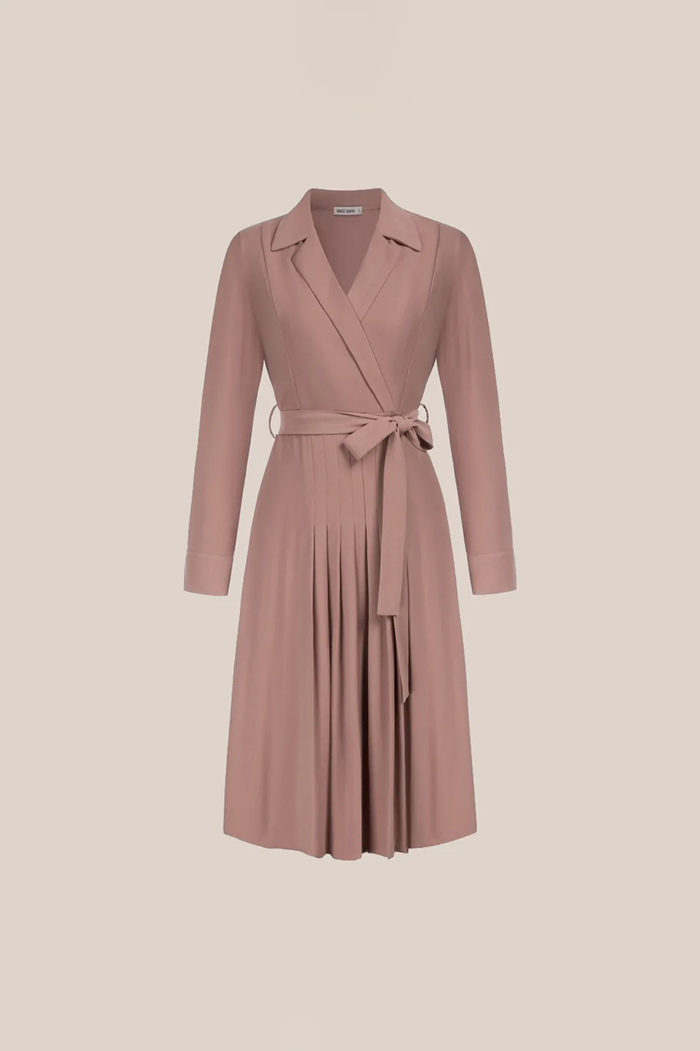 Lapel Collar Pleated Long Sleeve V-Neck Flared A-Line Dress - Pink sold by Grace Karin product image thumbnail 5