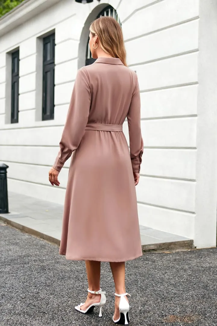 Lapel Collar Pleated Long Sleeve V-Neck Flared A-Line Dress - Pink sold by Grace Karin product image thumbnail 4