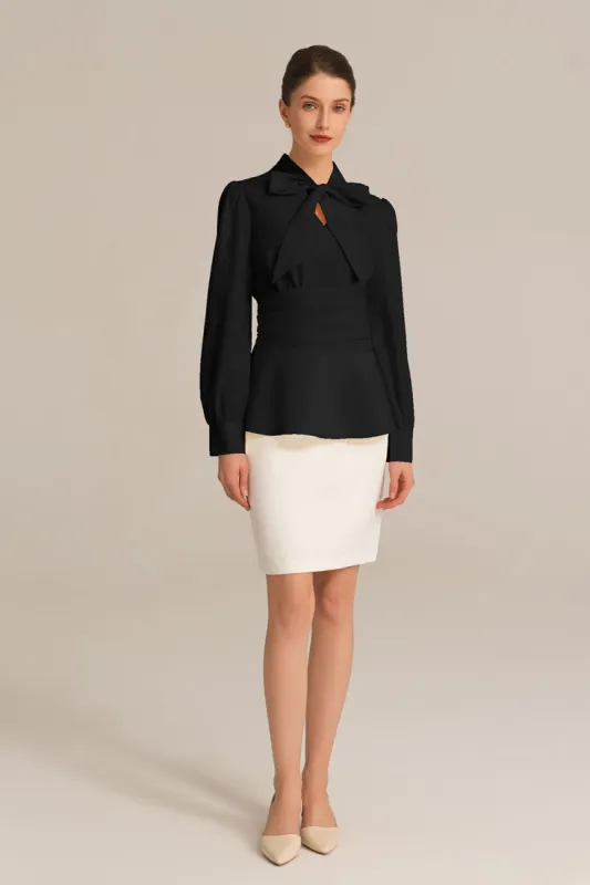 Defined Waist OL Puffed Bow-Knot Decorated Blouse - Black sold by Grace Karin