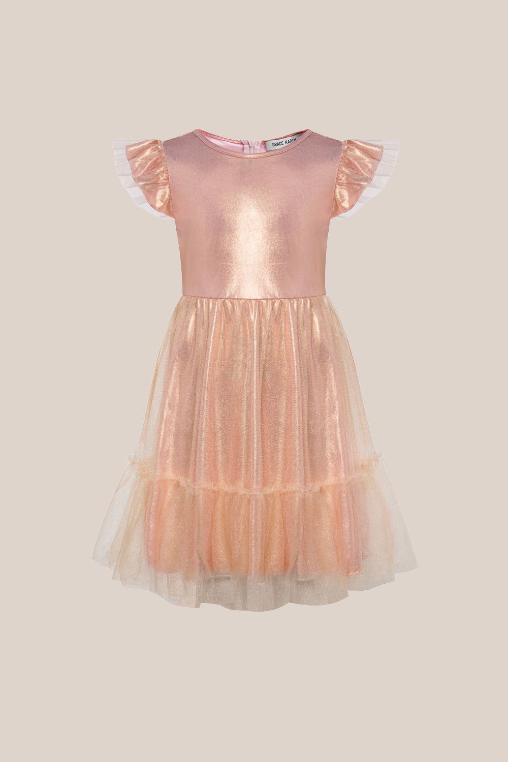 GK Kids Mesh Overlay Party Dress Flutter Sleeve Crew Neck A-Line Dress sold by Grace Karin