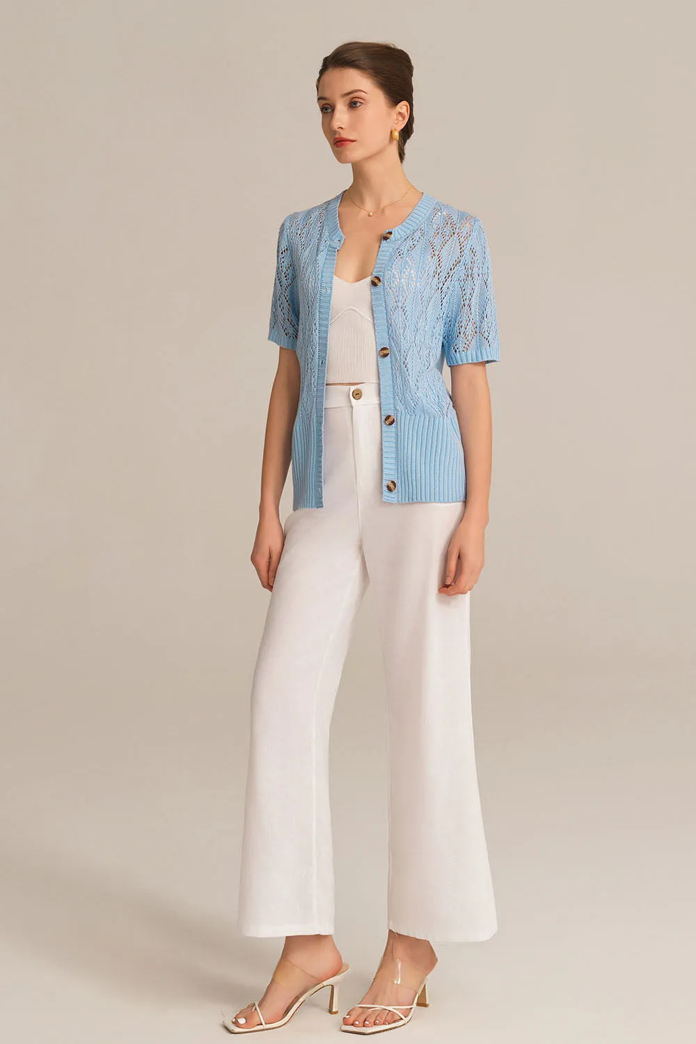 Hollowed-out Short Sleeve Crew Neck Button-up knitted Cardigan - Blue sold by Grace Karin product image thumbnail 4