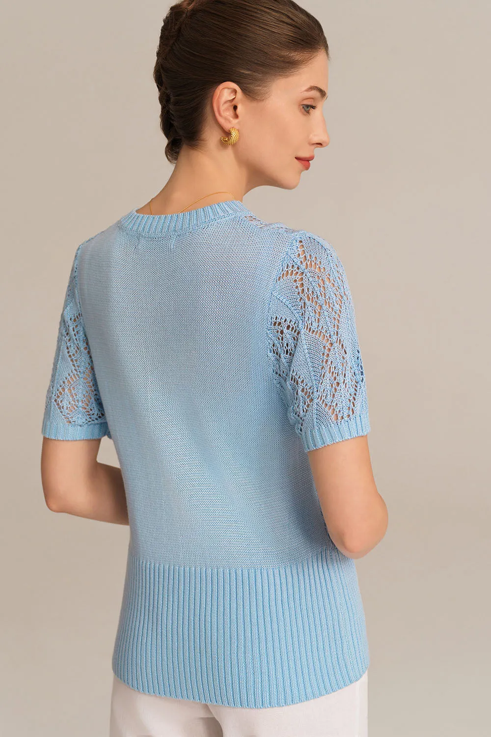 Hollowed-out Short Sleeve Crew Neck Button-up knitted Cardigan - Blue sold by Grace Karin product image thumbnail 5