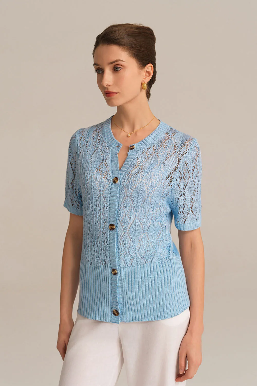Hollowed-out Short Sleeve Crew Neck Button-up knitted Cardigan - Blue sold by Grace Karin product image thumbnail 2
