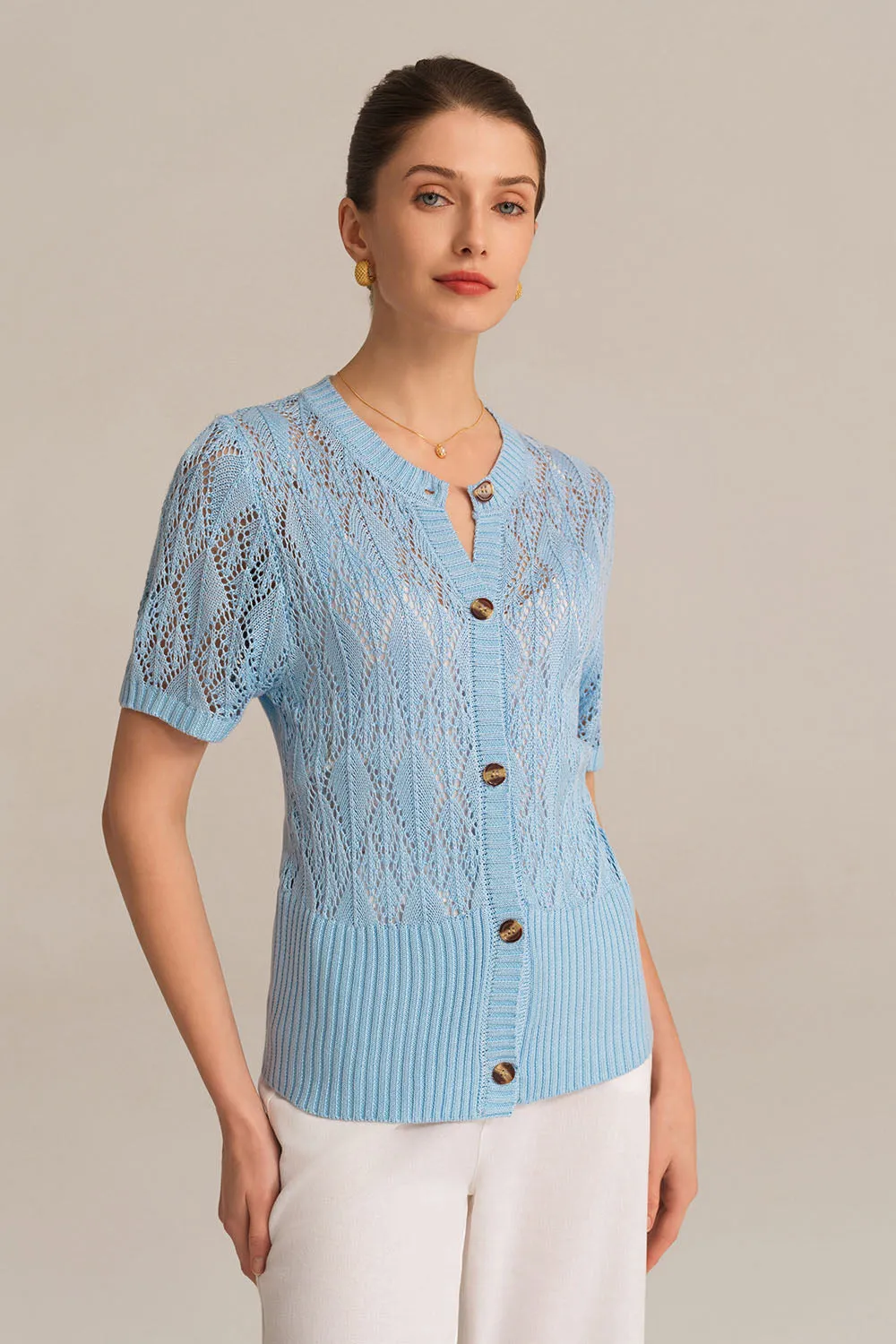 Hollowed-out Short Sleeve Crew Neck Button-up knitted Cardigan - Blue sold by Grace Karin