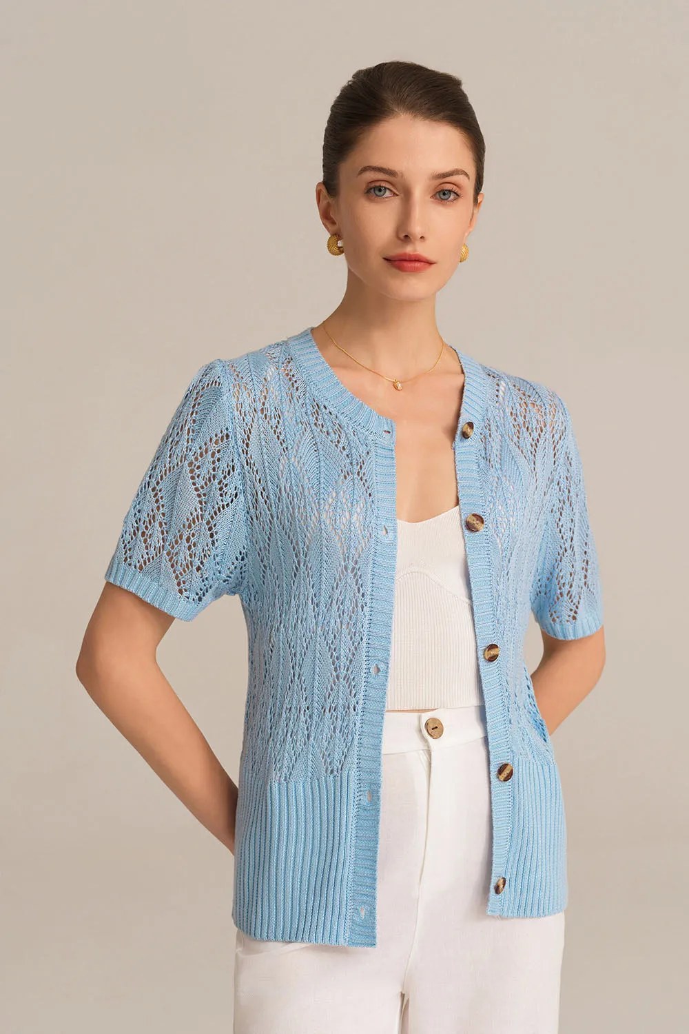 Hollowed-out Short Sleeve Crew Neck Button-up knitted Cardigan - Blue sold by Grace Karin product image thumbnail 3