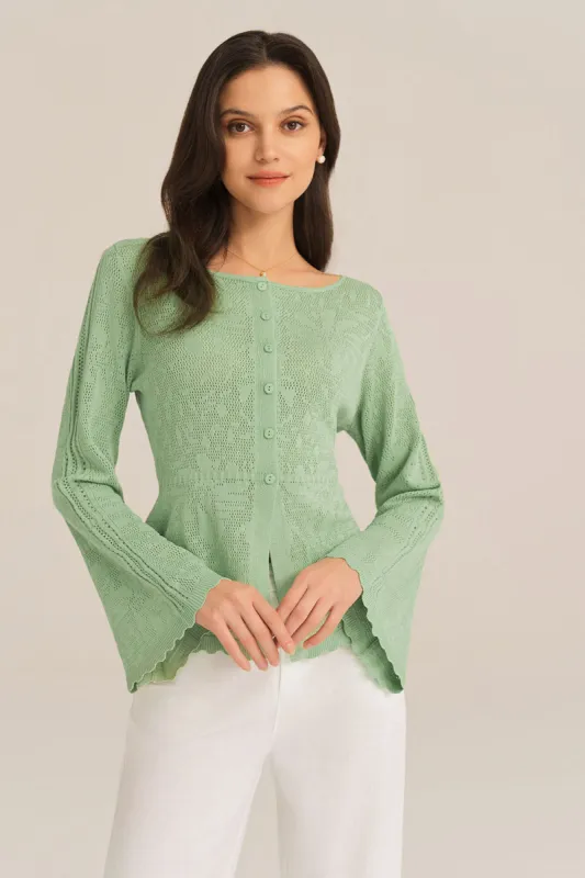Hollowed Out Ruffle Hem Knitted Bell Cardigan Long Sleeve - Green sold by Grace Karin