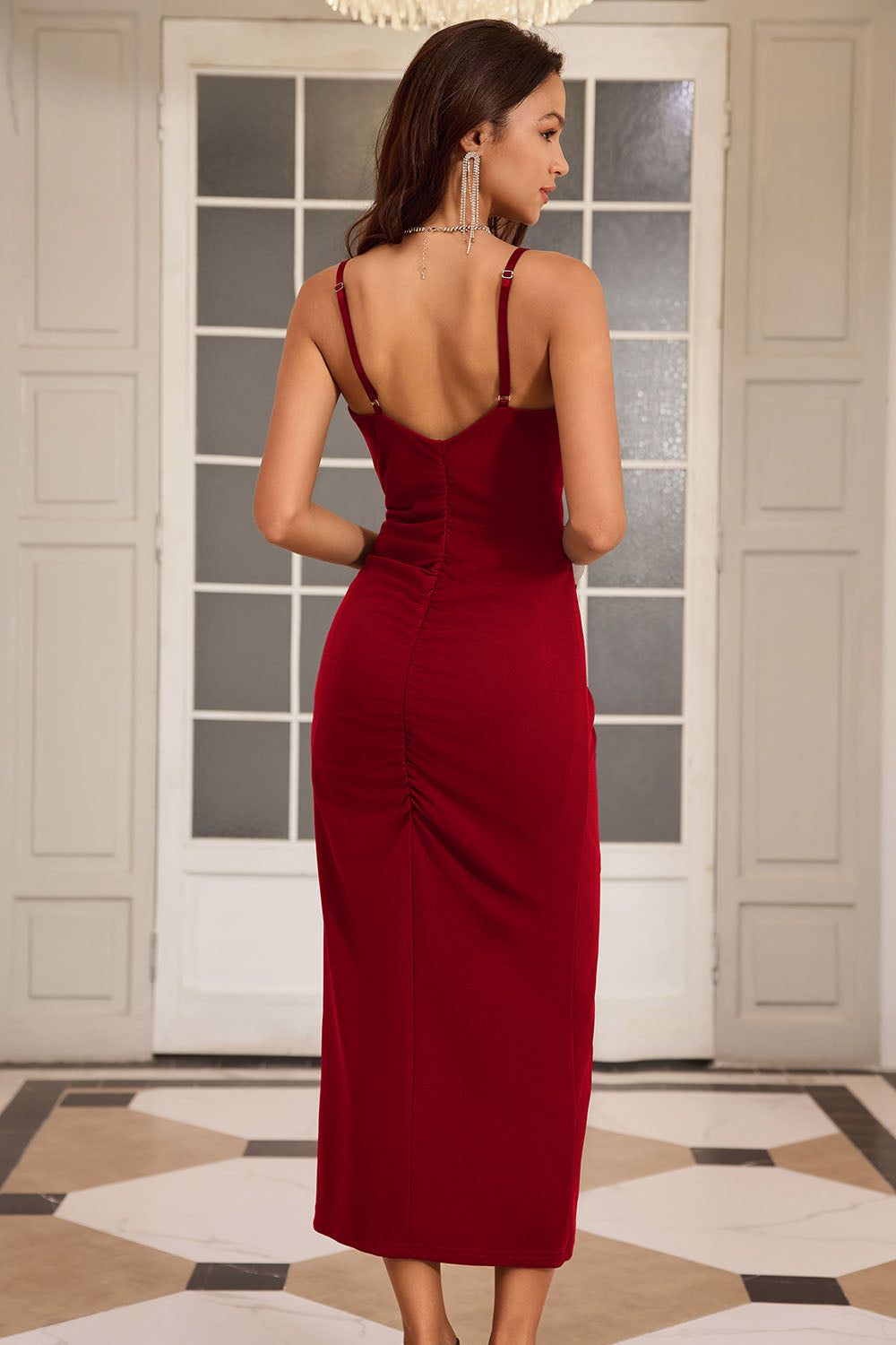 GK Women Front Slit Party Dress Spaghetti Straps V-Neck Ruched Bodycon Dress sold by Grace Karin product image thumbnail 4