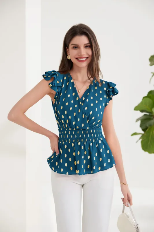 GK Women Hot Stamping Tops Flutter Sleeve V-Neck Smocked Waist Tops sold by Grace Karin