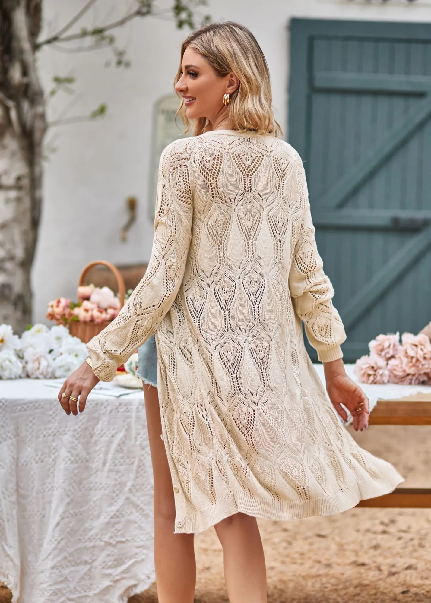 GRACE KARIN Hollowed-out Textured Cardigan Long Sleeve V-Neck Mid-Thigh Sweater sold by Grace Karin product image thumbnail 5