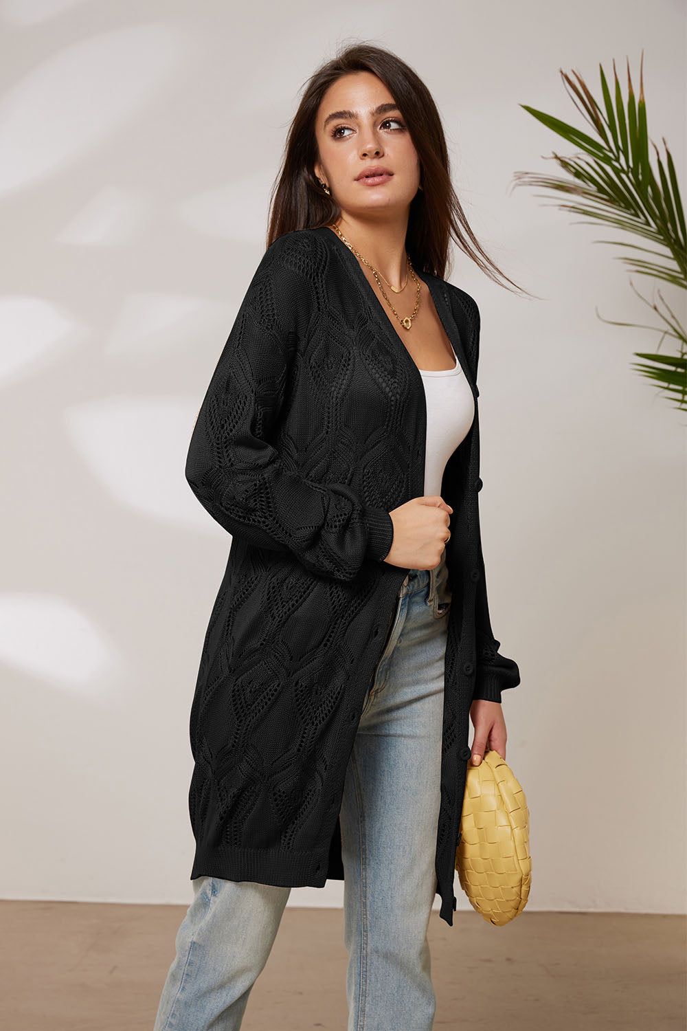 GRACE KARIN Hollowed-out Textured Cardigan Long Sleeve V-Neck Mid-Thigh Sweater sold by Grace Karin product image thumbnail 2