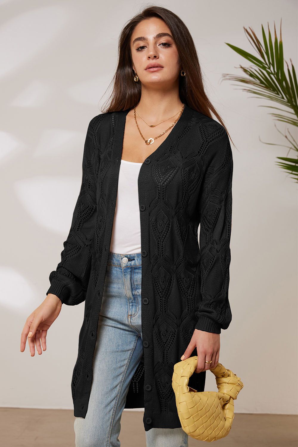 GRACE KARIN Hollowed-out Textured Cardigan Long Sleeve V-Neck Mid-Thigh Sweater sold by Grace Karin product image thumbnail 4